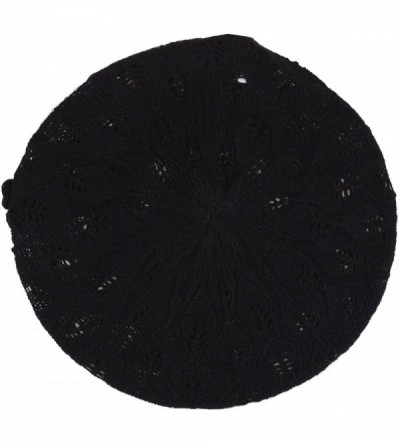 Berets Chic Parisian Style Soft Lightweight Crochet Cutout Knit Beret Beanie Hat - Black Leafy - CT12MWW9QU7 $13.21