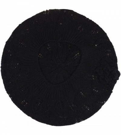 Berets Chic Parisian Style Soft Lightweight Crochet Cutout Knit Beret Beanie Hat - Black Leafy - CT12MWW9QU7 $13.21