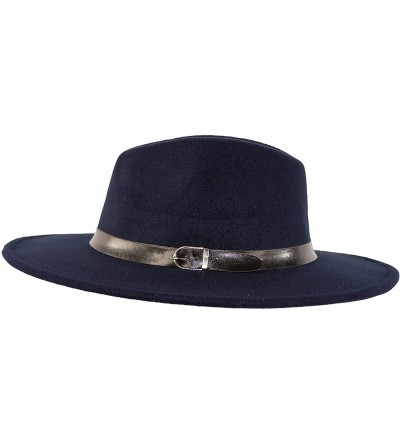 Fedoras Wide Brimmed Gangster Fedora w/Buckle Hatband- Large Felt Flat Brim Panama Hat - Navy Blue - CC185UDEMMO $43.08