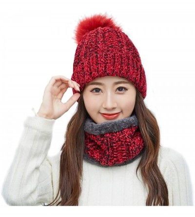Skullies & Beanies Women's Winter Hat and Scarf Set Knit Beanie Hats Warm Snow Skull Caps - Red - CL18KWCKYKE $15.12