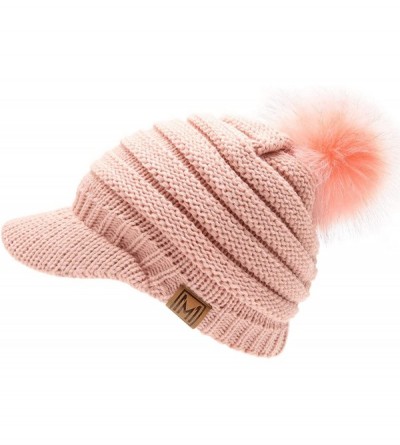 Skullies & Beanies Women's Soft Warm Ribbed Knit Visor Brim Pom Pom Beanie Hat with Plush Lining - Blush - CF18WDNI3QA $11.70
