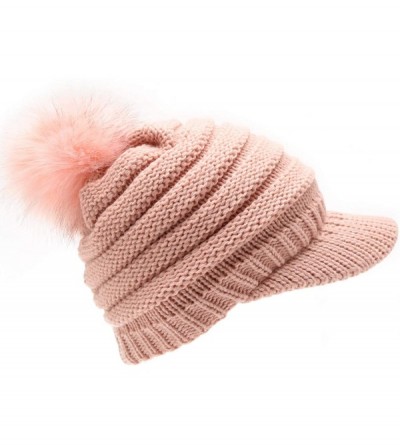 Skullies & Beanies Women's Soft Warm Ribbed Knit Visor Brim Pom Pom Beanie Hat with Plush Lining - Blush - CF18WDNI3QA $11.70