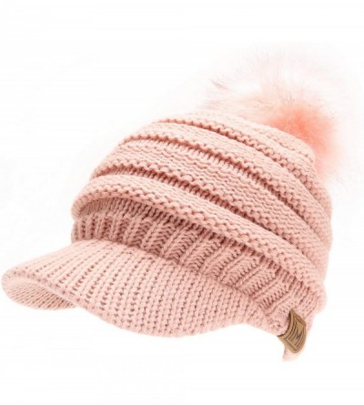 Skullies & Beanies Women's Soft Warm Ribbed Knit Visor Brim Pom Pom Beanie Hat with Plush Lining - Blush - CF18WDNI3QA $11.70
