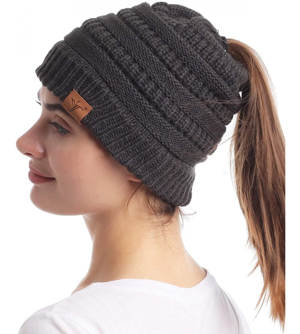 Skullies & Beanies Ponytail Messy Bun Beanie Tail Knit Hole Soft Stretch Cable Winter Hat for Women - Dark Grey - CT18X2I0737...