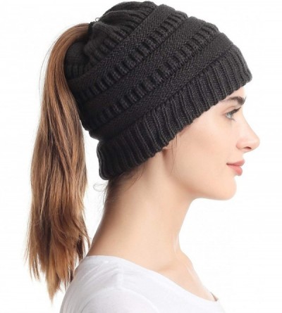 Skullies & Beanies Ponytail Messy Bun Beanie Tail Knit Hole Soft Stretch Cable Winter Hat for Women - Dark Grey - CT18X2I0737...