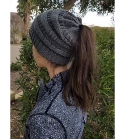 Skullies & Beanies Ponytail Messy Bun Beanie Tail Knit Hole Soft Stretch Cable Winter Hat for Women - Dark Grey - CT18X2I0737...