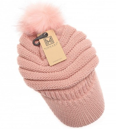 Skullies & Beanies Women's Soft Warm Ribbed Knit Visor Brim Pom Pom Beanie Hat with Plush Lining - Blush - CF18WDNI3QA $11.70