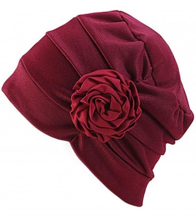 Skullies & Beanies Chemo Turban Flower Beanie Cap Pleated Hair Loss Hat for Cancer - Wine - CA18SUS05NY $10.42