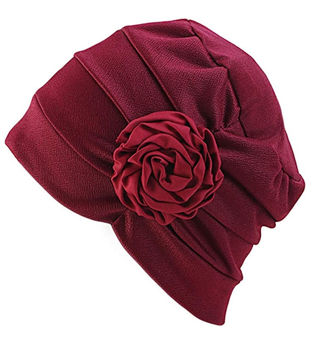 Skullies & Beanies Chemo Turban Flower Beanie Cap Pleated Hair Loss Hat for Cancer - Wine - CA18SUS05NY $10.42