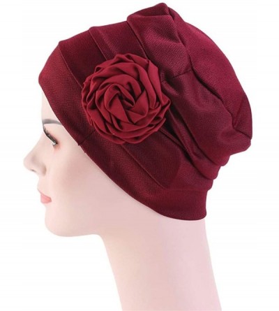 Skullies & Beanies Chemo Turban Flower Beanie Cap Pleated Hair Loss Hat for Cancer - Wine - CA18SUS05NY $10.42