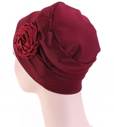 Skullies & Beanies Chemo Turban Flower Beanie Cap Pleated Hair Loss Hat for Cancer - Wine - CA18SUS05NY $10.42