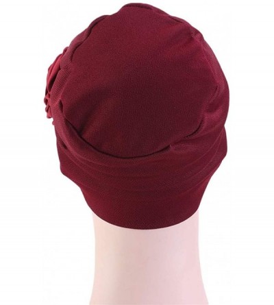 Skullies & Beanies Chemo Turban Flower Beanie Cap Pleated Hair Loss Hat for Cancer - Wine - CA18SUS05NY $10.42