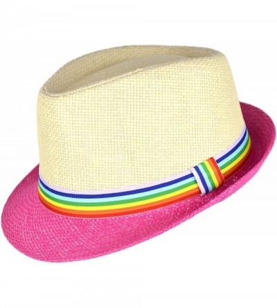 Fedoras Super Cute Natural Paper Straw Fedora Hat with Rainbow Ribbon Hatband - Natural and Pink - C718SKDYXA6 $13.48