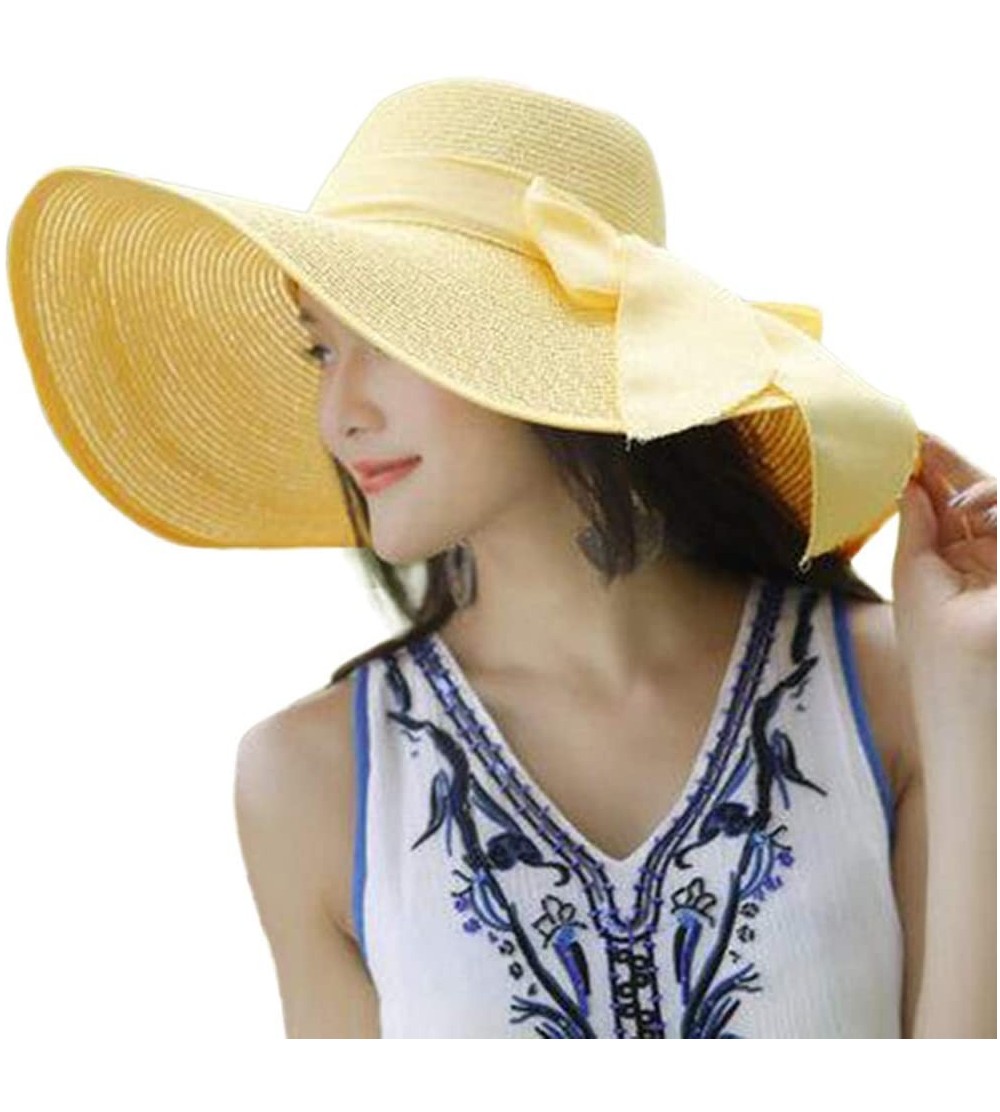 Sun Hats Women Big Brim Straw Hat Sun Floppy Wide Brim Hats New Bowknot Folding Beach Cap - Yellow - C718NOMTQZZ $10.99