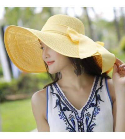 Sun Hats Women Big Brim Straw Hat Sun Floppy Wide Brim Hats New Bowknot Folding Beach Cap - Yellow - C718NOMTQZZ $10.99