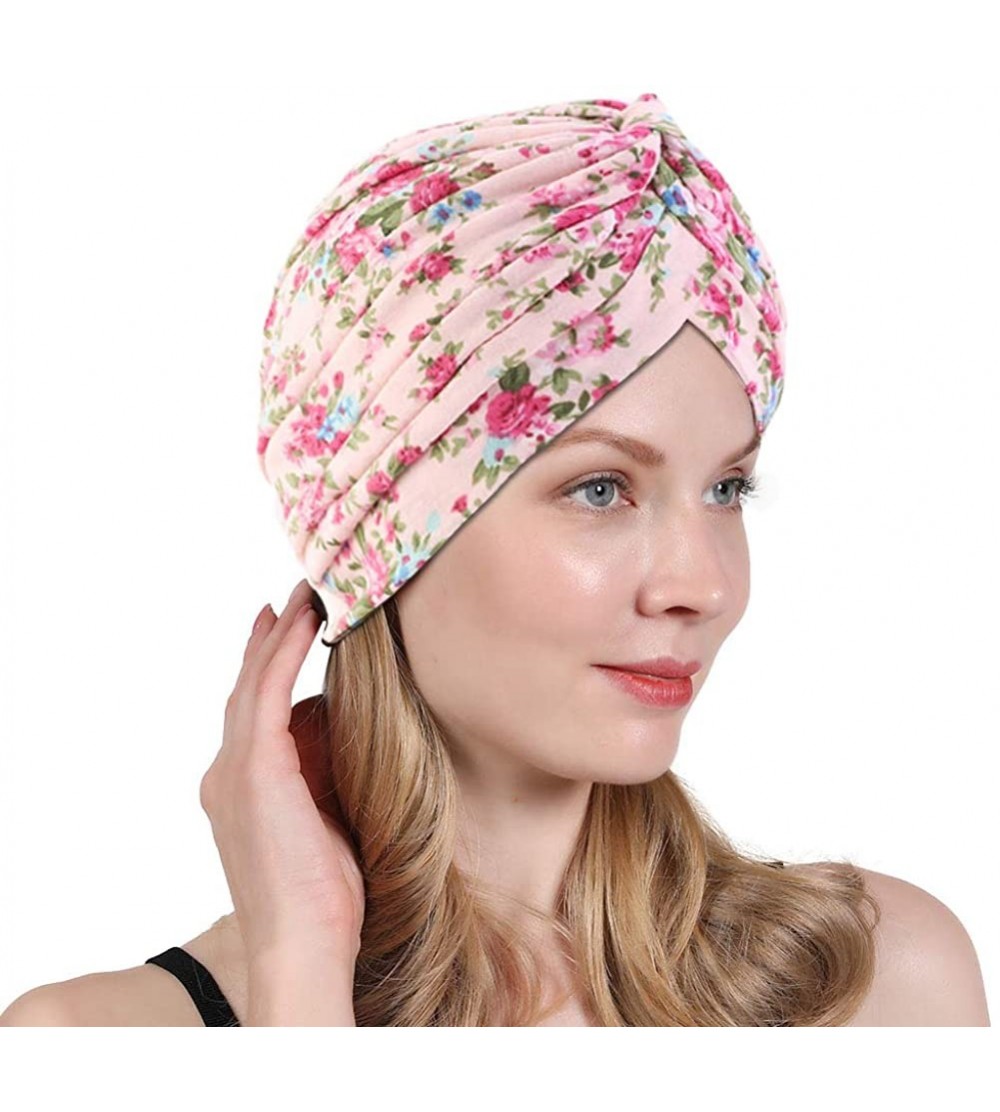 Skullies & Beanies New Women's Cotton Turban Flower Prints Beanie Head Wrap Chemo Cap Hair Loss Hat Sleep Cap - Pink Flower -...