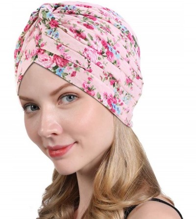 Skullies & Beanies New Women's Cotton Turban Flower Prints Beanie Head Wrap Chemo Cap Hair Loss Hat Sleep Cap - Pink Flower -...