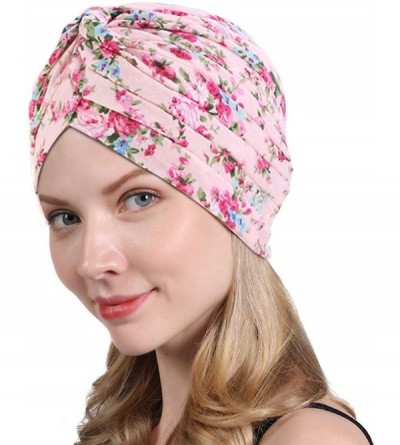 Skullies & Beanies New Women's Cotton Turban Flower Prints Beanie Head Wrap Chemo Cap Hair Loss Hat Sleep Cap - Pink Flower -...