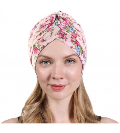 Skullies & Beanies New Women's Cotton Turban Flower Prints Beanie Head Wrap Chemo Cap Hair Loss Hat Sleep Cap - Pink Flower -...