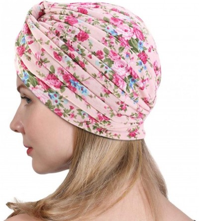 Skullies & Beanies New Women's Cotton Turban Flower Prints Beanie Head Wrap Chemo Cap Hair Loss Hat Sleep Cap - Pink Flower -...