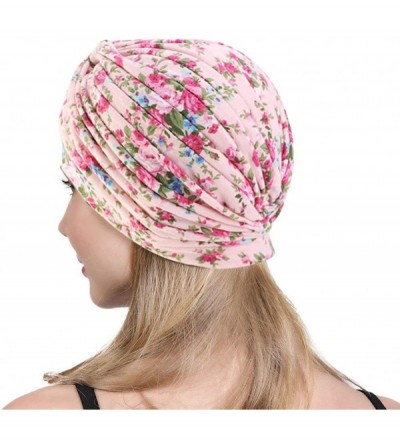 Skullies & Beanies New Women's Cotton Turban Flower Prints Beanie Head Wrap Chemo Cap Hair Loss Hat Sleep Cap - Pink Flower -...