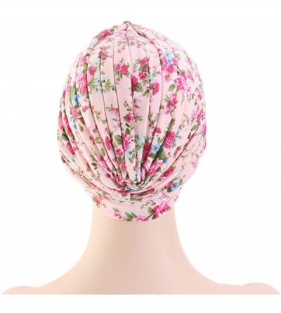 Skullies & Beanies New Women's Cotton Turban Flower Prints Beanie Head Wrap Chemo Cap Hair Loss Hat Sleep Cap - Pink Flower -...