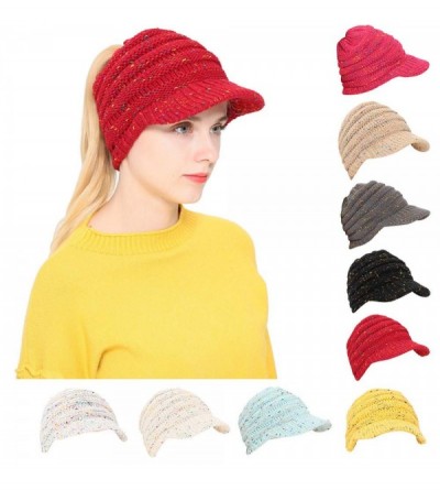 Skullies & Beanies Women's Warm Cable Knitted Messy High Bun Visor Hat Beanie for Pony Tail Skull Cap (Red) - Red - CS18ISKHE...