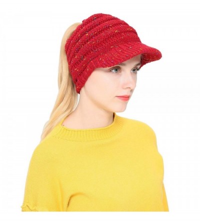 Skullies & Beanies Women's Warm Cable Knitted Messy High Bun Visor Hat Beanie for Pony Tail Skull Cap (Red) - Red - CS18ISKHE...