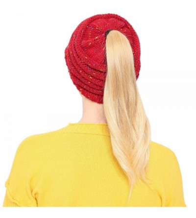 Skullies & Beanies Women's Warm Cable Knitted Messy High Bun Visor Hat Beanie for Pony Tail Skull Cap (Red) - Red - CS18ISKHE...