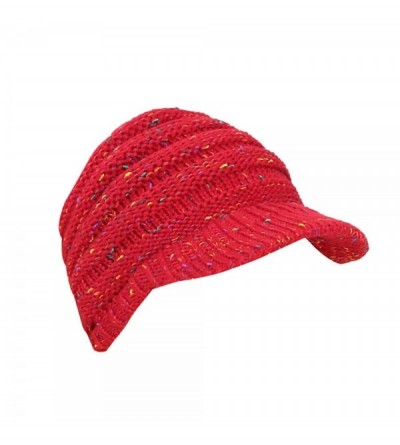 Skullies & Beanies Women's Warm Cable Knitted Messy High Bun Visor Hat Beanie for Pony Tail Skull Cap (Red) - Red - CS18ISKHE...