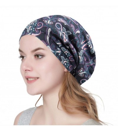 Skullies & Beanies Satin Lined Sleep Cap Slouchy Slap Hat — Soft Elastic Band- Stay All Night - Purple Gray Paisley - CR18I3U...