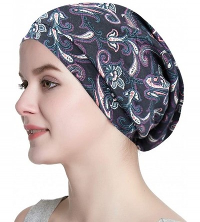 Skullies & Beanies Satin Lined Sleep Cap Slouchy Slap Hat — Soft Elastic Band- Stay All Night - Purple Gray Paisley - CR18I3U...