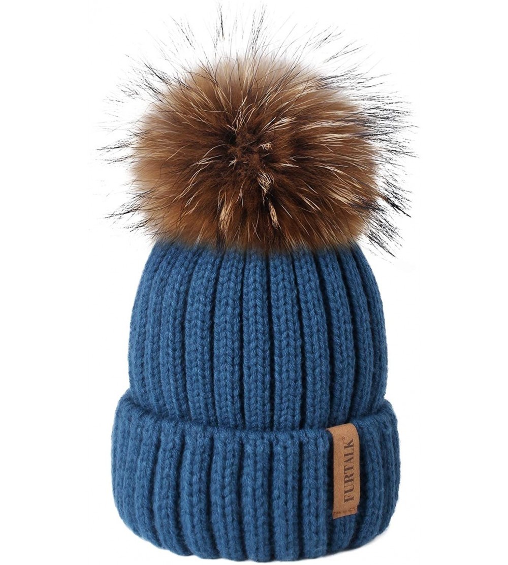Skullies & Beanies Winter Knit Hat Detachable Real Raccoon Fur Pom Pom Womens Girls Warm Knit Beanie Hat - CR12LVMP3QN $18.28