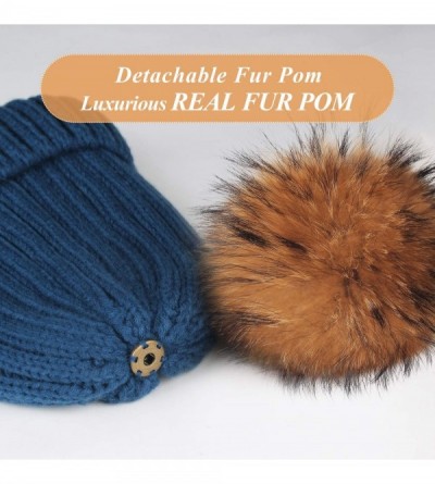 Skullies & Beanies Winter Knit Hat Detachable Real Raccoon Fur Pom Pom Womens Girls Warm Knit Beanie Hat - CR12LVMP3QN $18.28