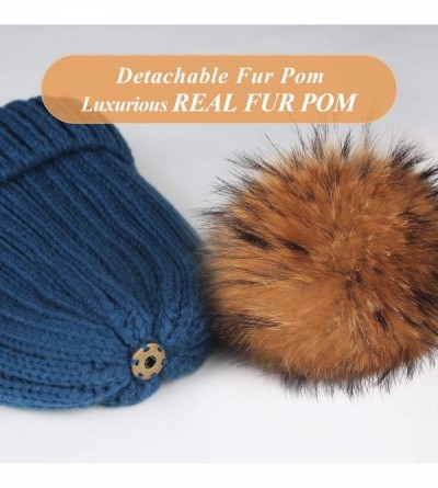 Skullies & Beanies Winter Knit Hat Detachable Real Raccoon Fur Pom Pom Womens Girls Warm Knit Beanie Hat - CR12LVMP3QN $18.28