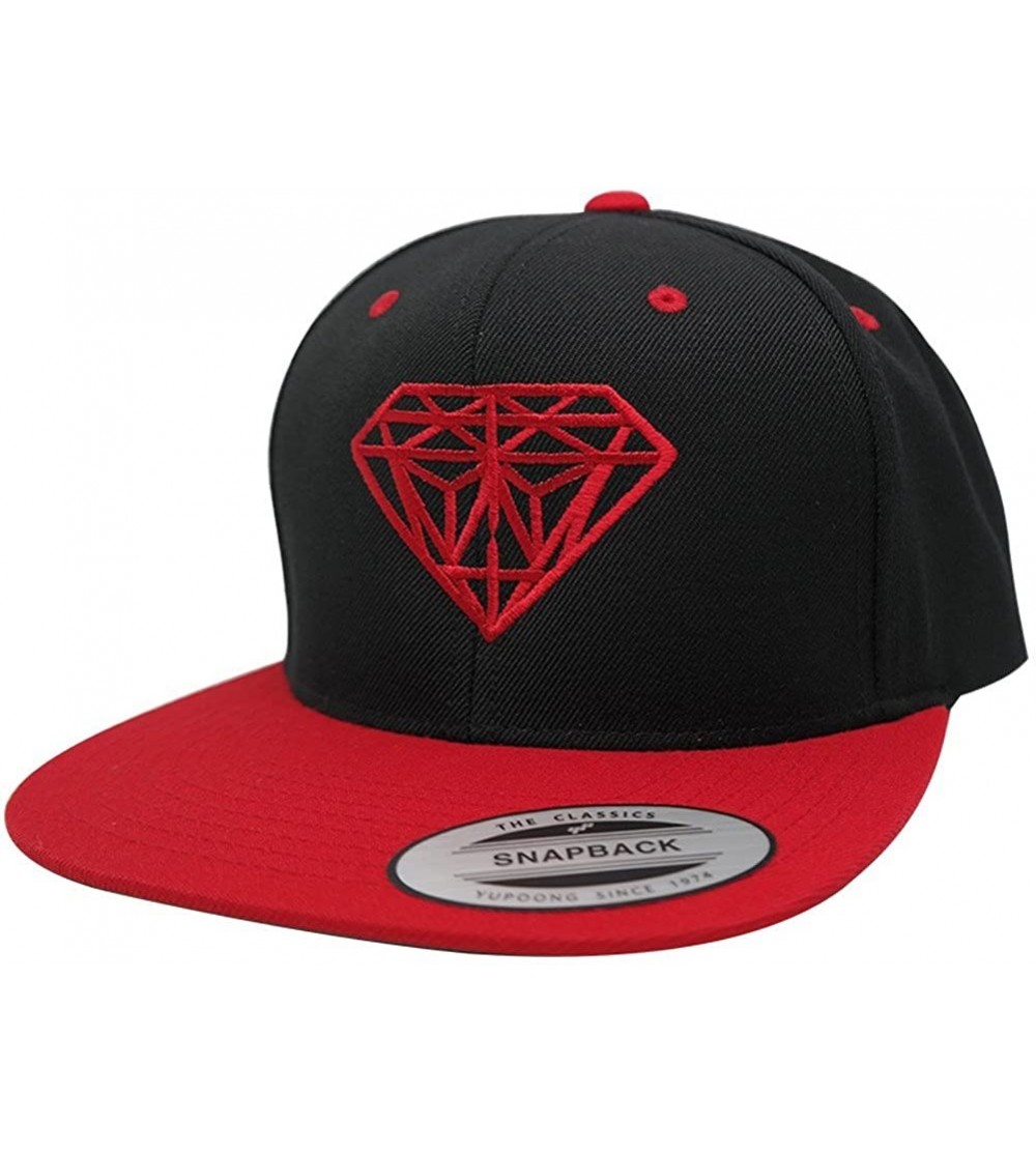 Baseball Caps Flexfit Diamond Embroidered Flat Bill Snapback Cap - Black Red With Red Thread - CO12I3I1DL7 $19.39