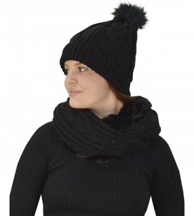 Skullies & Beanies Thick Warm Crochet Beanie Hat & Plush Fur Lined Infinity Loop Scarf Set - Black - C31884GZ9UR $34.86