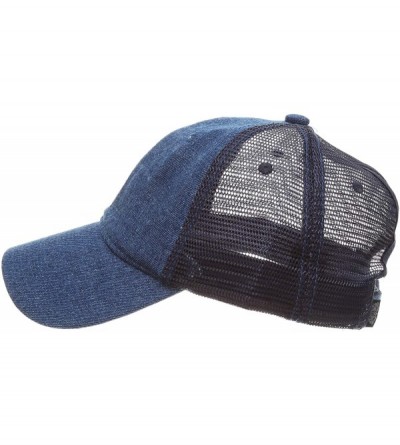 Baseball Caps Women's Ponytail Messy High Bun Hat Ponycap Plain Washed Cotton Mesh Trucker Baseball Cap - Denim Blue - C418R2...