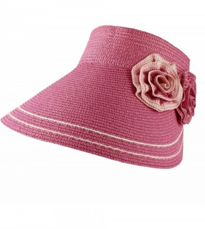 Visors Women's Roll Up Wide Brim Sun Visor Hat with Flower Trim - Pink - C211MF6OYFV $12.03