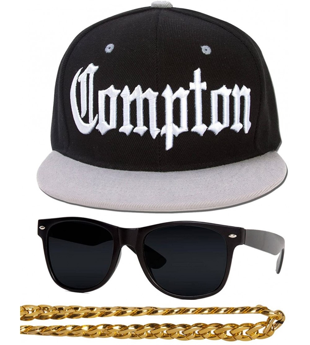 Baseball Caps Compton 80s Rapper Costume Kit - Flat Bill Hat + Sunglases + Chain Necklace - Black/Grey - C918ES6TZ97 $20.82