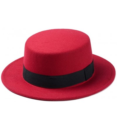 Fedoras Women Boater Hat Bowler Sailor Wide Brim Flat Top Caps Wool Blend - Red - C7184HH3GZZ $23.65