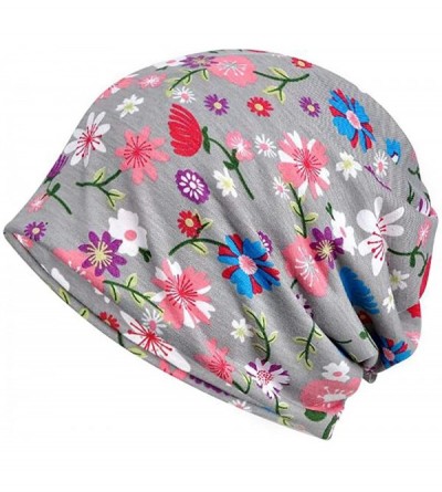 Skullies & Beanies Printed Beanie Chemo Hat Slouchy Cotton Stretch Turban Scarf - Flowers Grey - CY196TW852X $8.94