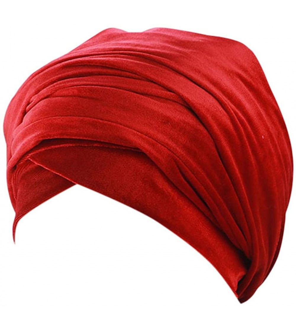 Skullies & Beanies Women Solid Color Velvet Muslim Stretch Turban Hat Chemo Cap Visor Head Scarf Wrap Sleeping Cap - Red - C6...