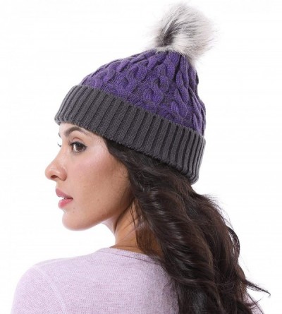 Skullies & Beanies Cable Knit Beanie Warm Faux Fuzzy Fur Pom Pom Skull Ski Cap for Men- Women - Purple - C218L6D4OOL $10.81