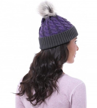 Skullies & Beanies Cable Knit Beanie Warm Faux Fuzzy Fur Pom Pom Skull Ski Cap for Men- Women - Purple - C218L6D4OOL $10.81