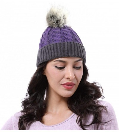 Skullies & Beanies Cable Knit Beanie Warm Faux Fuzzy Fur Pom Pom Skull Ski Cap for Men- Women - Purple - C218L6D4OOL $10.81