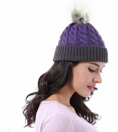 Skullies & Beanies Cable Knit Beanie Warm Faux Fuzzy Fur Pom Pom Skull Ski Cap for Men- Women - Purple - C218L6D4OOL $10.81