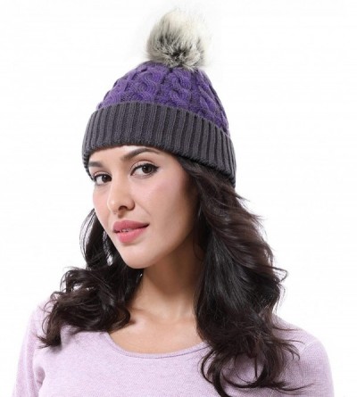 Skullies & Beanies Cable Knit Beanie Warm Faux Fuzzy Fur Pom Pom Skull Ski Cap for Men- Women - Purple - C218L6D4OOL $10.81