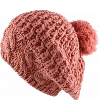 Skullies & Beanies Thick Crochet Knit Pom Pom Beret Winter Ski Hat - Pink - CW11QCV3RJ9 $9.23