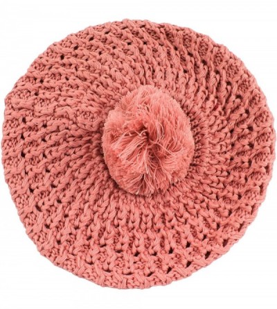 Skullies & Beanies Thick Crochet Knit Pom Pom Beret Winter Ski Hat - Pink - CW11QCV3RJ9 $9.23